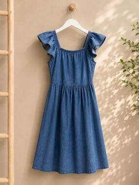 Roxy Girl Chambray Denim Dress Flutter Sleeve Smocked Back Size M (10/12)